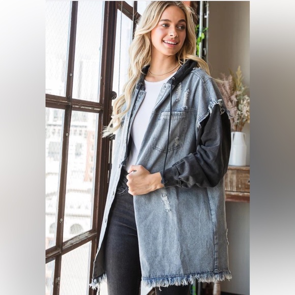 217 OLI & HALI ❤️ DENIM JACKET WITH CONTRASTING HOOD AND SLLEVE - Picture 1 of 5
